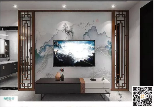 廠價新款鑫順來DQ-07掃碼中式格子電視墻，掃二維碼看裝修風格