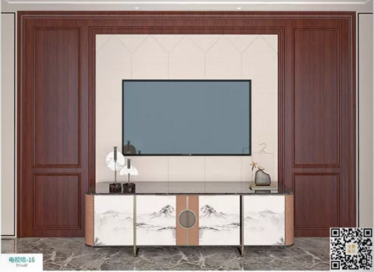 廠價新款鑫順來DQ-16掃碼中式電視墻，掃二維碼看裝修風格